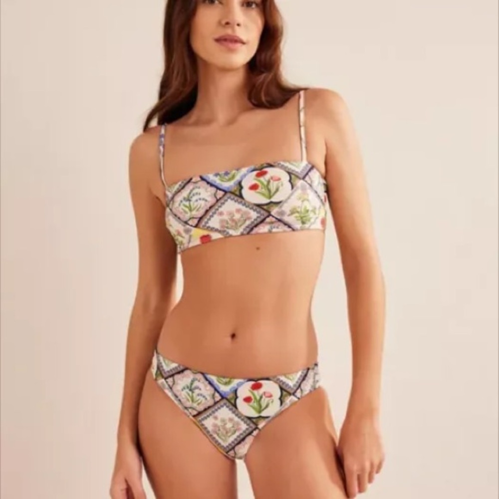 Boden Skinny Strap Bikini Top and classic bikini bottom in ivory wild bluebell
